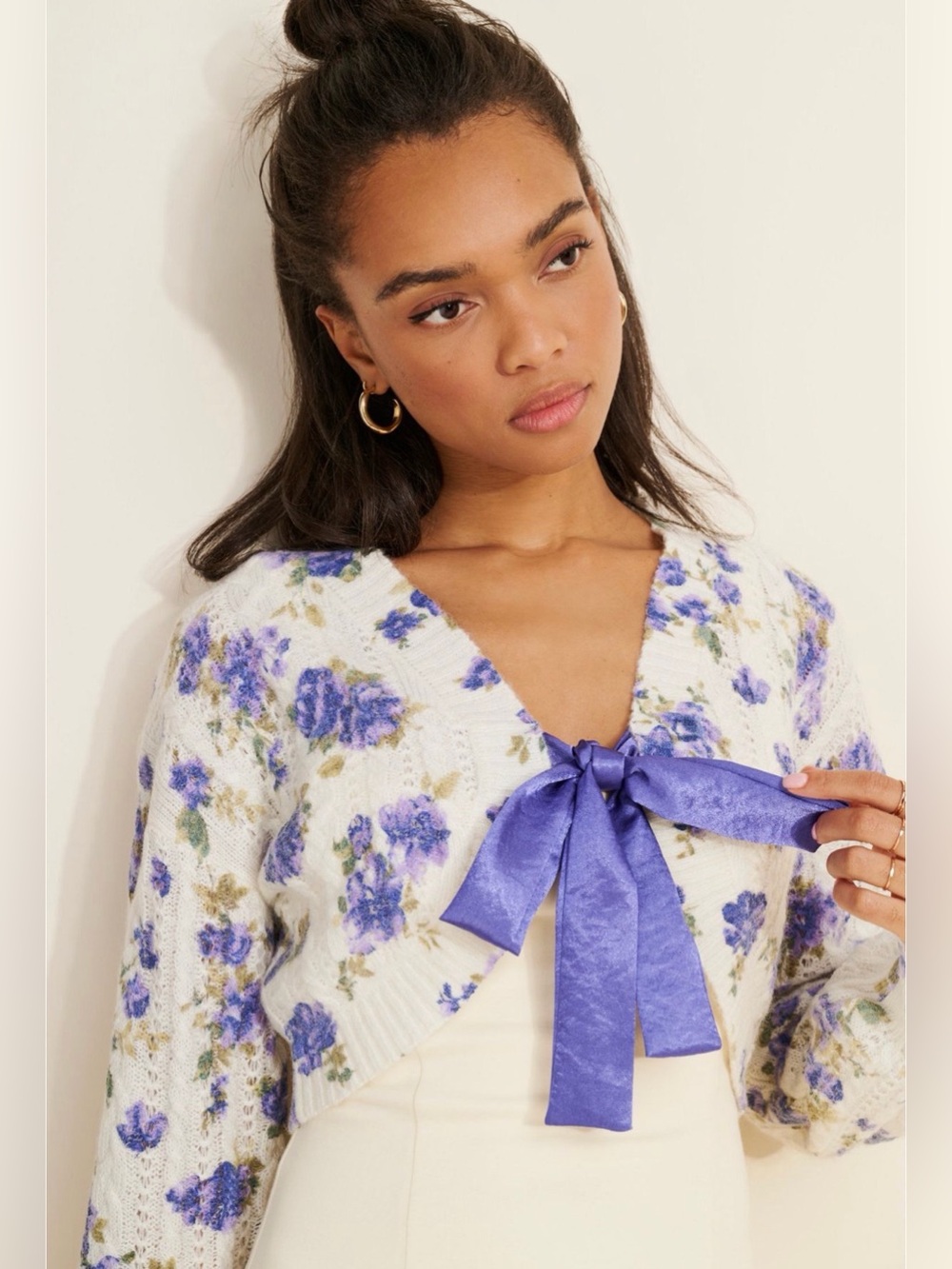 Anthropologie Moon River Wool blend Cardigan Floral Tie-Front Sweater Bow